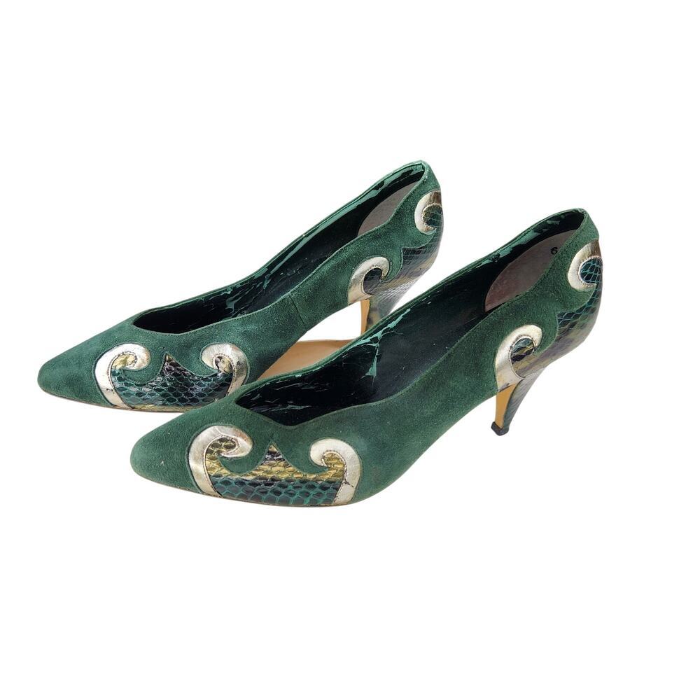 Vintage 80s Jasmin Pumps High Heel Shoes Green Silver Leather 6B